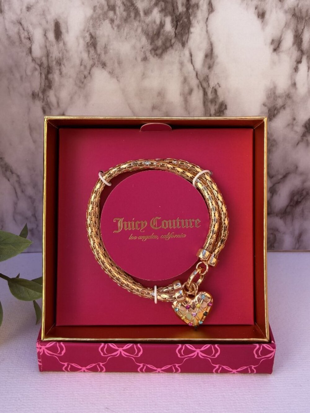 Juicy Couture Gold Multi Strand Bracelet Heart Charm Color Stone Gift Box